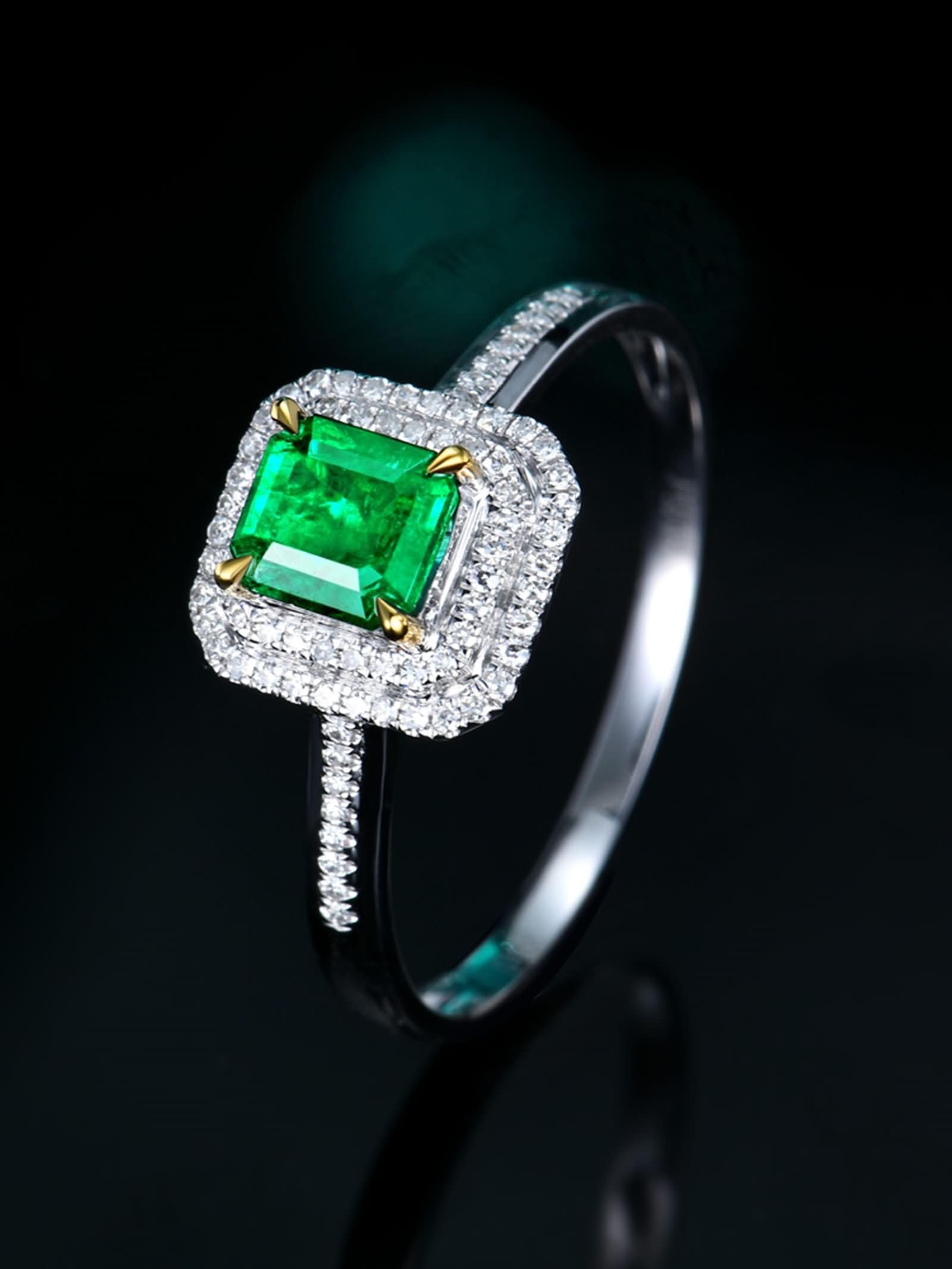 Donna Anelli Fedi Nuziali in Oro Bianco 9 Kt / 14 Kt / 18 Kt, 4 Griffe Quadrato con Smeraldo da 0,65ct e Diamante, Anelli Fedina di Verde Argento Donna