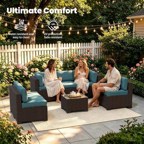 Image of 7 Piece Patio Furniture Set, Wicker Patio Conversation Sets, Outdoor Sectional Furniture with Tempered Glass Table, for Backyard, Deck, Garden, Dark Brown Rattan & Peacock Blue Cushions