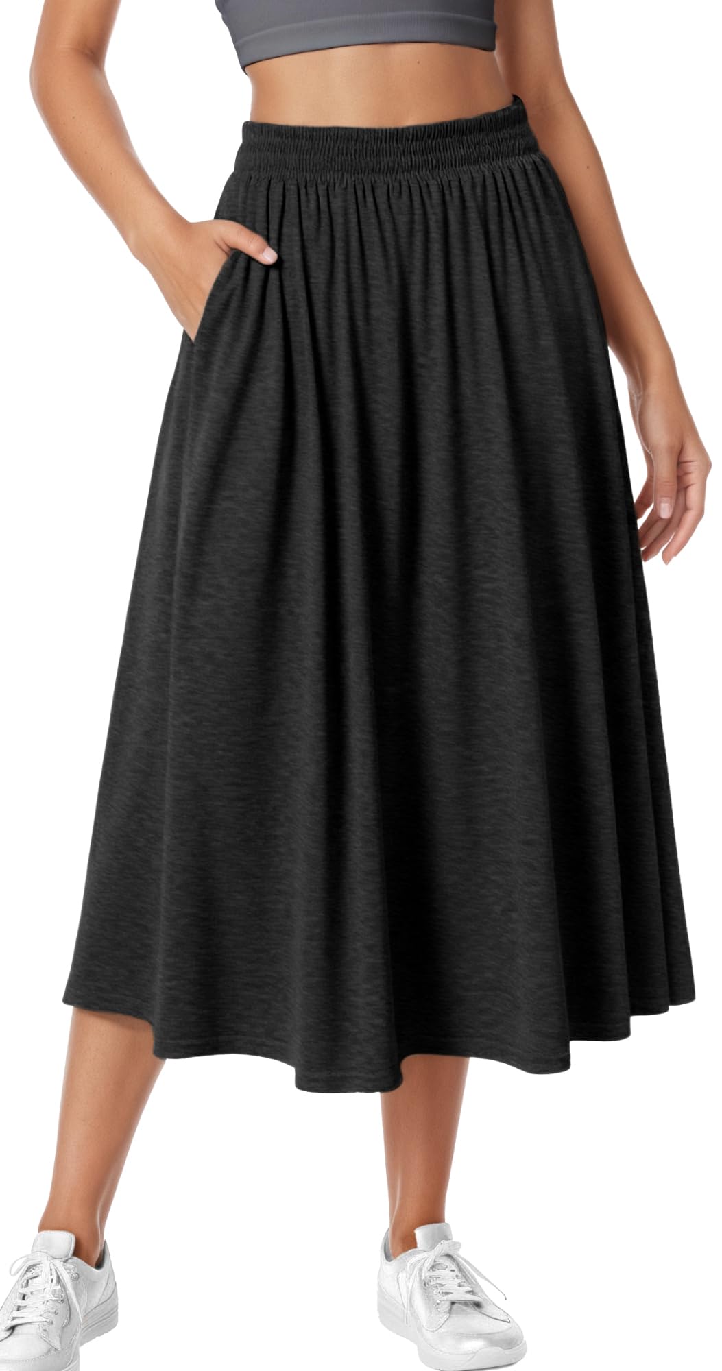 Jupes pour Femmes Jupe Mi-Longue Haute Taille Élégante Jupes de Sport Décontractée Unie avec Poches A-Ligne Jupe Plissée Taille Élastique