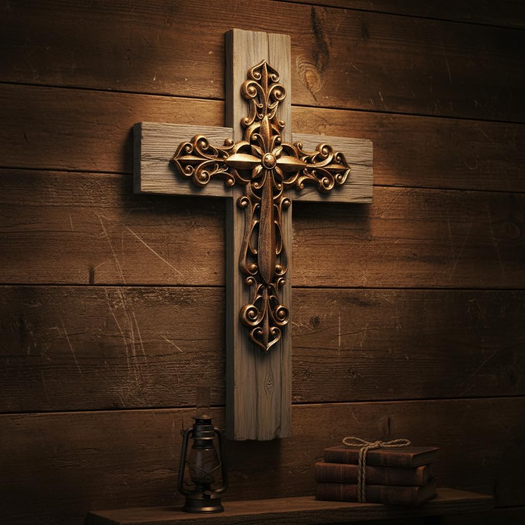 Comfy Hour 13" Decorative Layered Wall Cross, Antique Style Copper Tone Cross on Rustic Wood Look Base, Artisan Crafted Resin Plaque for Home and Office Wall Art