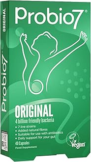 Probio7 Original | Vegan Approved | with 4 Billion CFU, 7 Live Bacterial Strains + 2 Types of Natural Fibre | Digestive Health Supplements, Probiotics for Gut Health, 40 Capsules