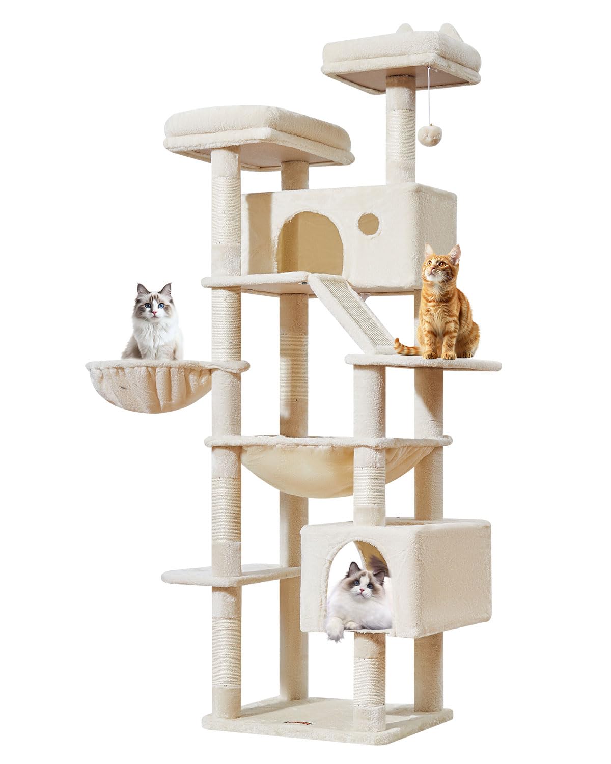 TaoqimiaoRascador para Gatos Grandes, 180CM Estable Arbol Rascador para Gatos com Cuevas, Cesta, Hamaca, Postes, MS026LM Beige
