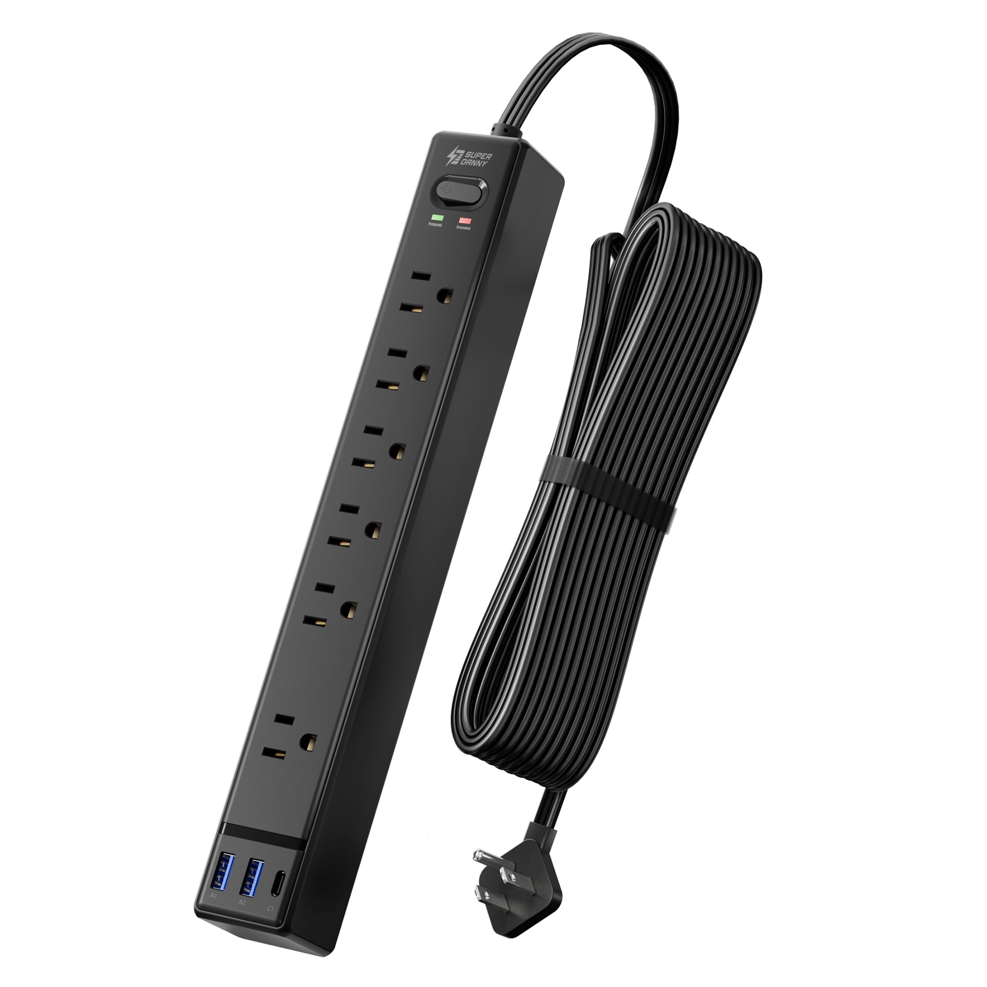 SUPERDANNY - Cable alargador de 3 m con múltiples tomas de corriente, enchufe plano, protección contra sobretensiones con 3 puertos USB y 6 enchufes, cable de 3 m, base de carga negra para