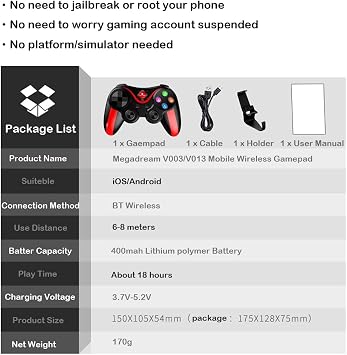 Megadream Mobile Gaming Controller for iOS/Android with Phone Clip