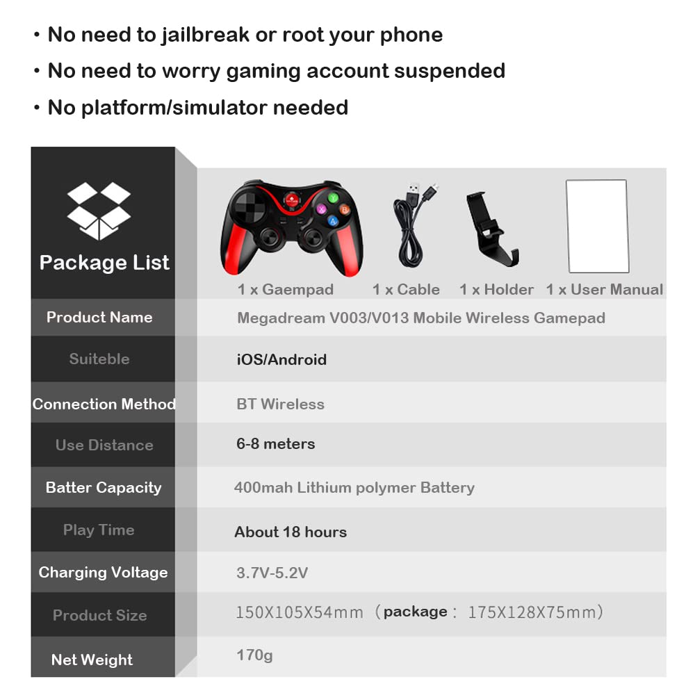 Controller wireless per iPhone, Megadream MFi Bluetooth, gamepad joystick per iOS/Android, iPhone 15 14 13/Mini/Pro Max/12/11, per Samsung Galaxy, Nokia, OPPO, Google, riproduzione diretta, rosso