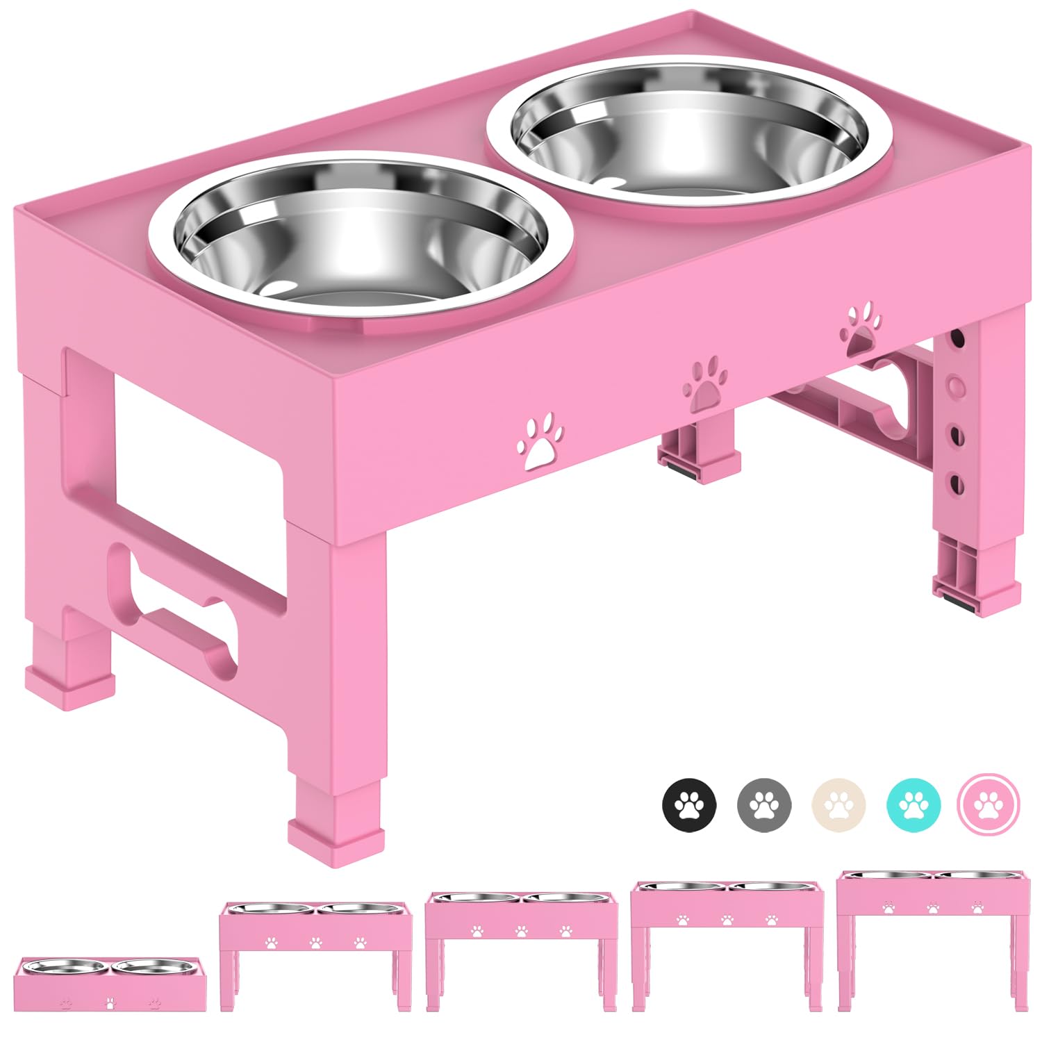 LAKIPETN Elevated Dog Bowls 5 Height Adjustable Non-Slip Stand Adjusts to 3.1", 9", 10", 11", & 12" with 2 Stainless Steel Raised Dog Food Bowl for Small Medium Large Dogs and Pets (Pink)