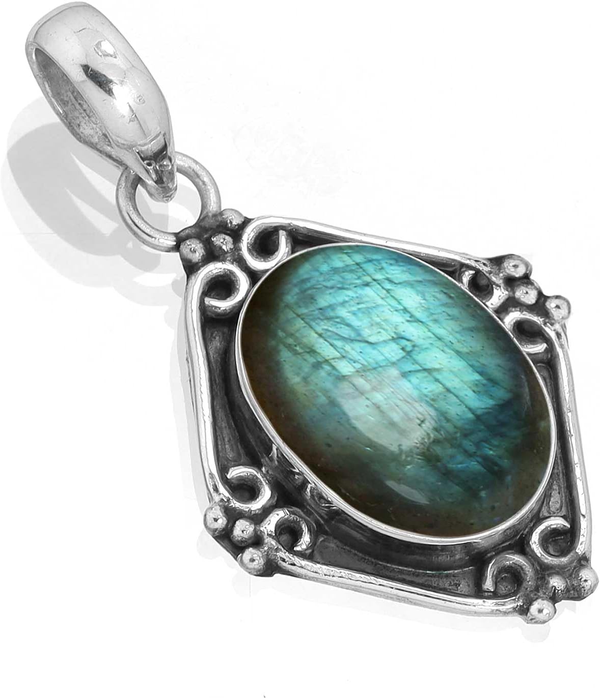 JEWELOPORIUM Boho Handmade Jewelry Chunky Natural Gemstone Labradorite, Turquoise, Crystal, Amethyst Oval 925 Sterling Silver Overlay Pendant Necklace For Women