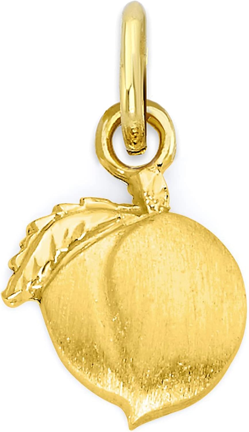 Solid Gold Peach Charm in 10k or 14k, Dainty Pride Jewelry with Jump Ring Finished in Diamond Cut