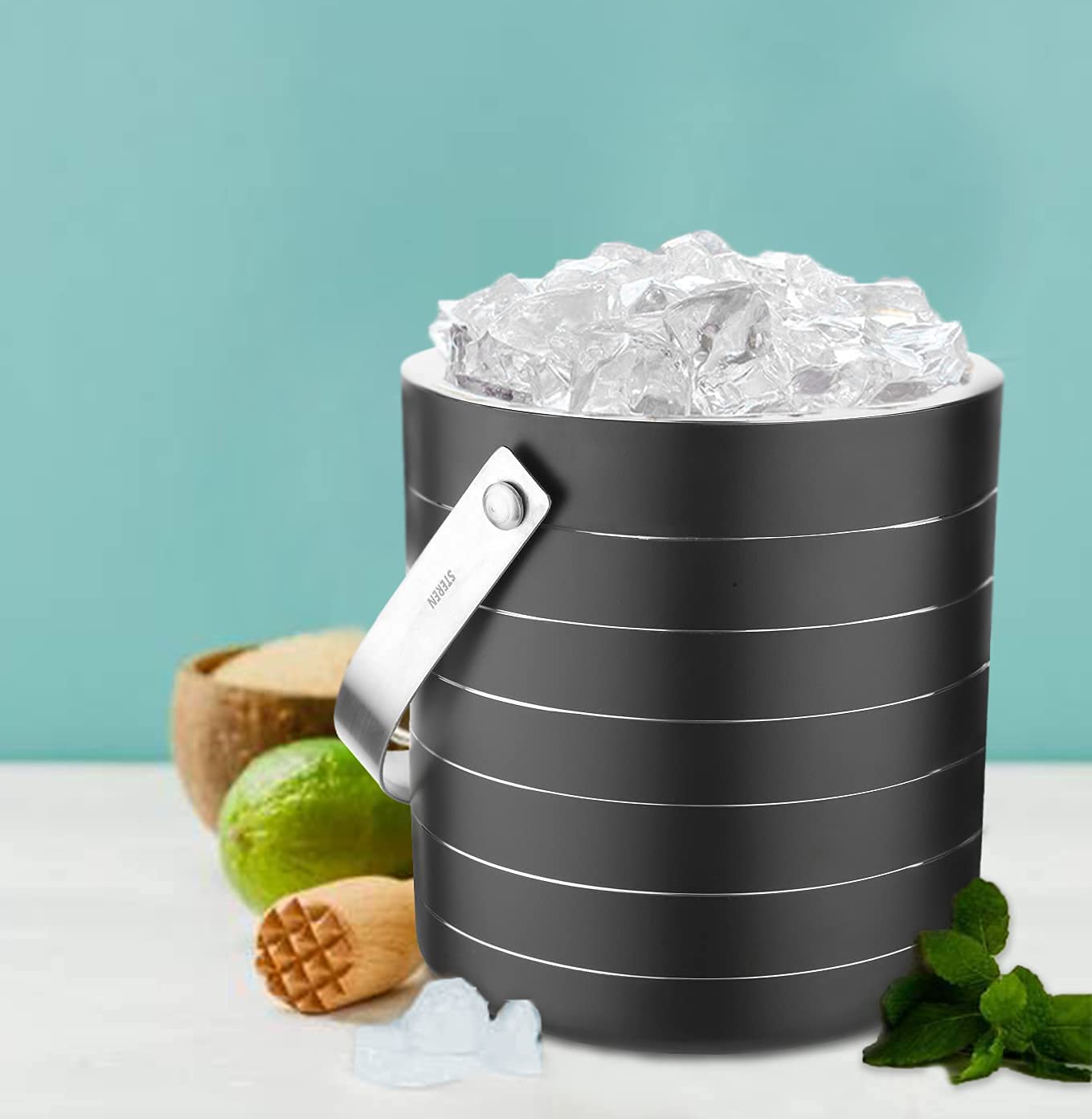 Steren | Stainless Steel Double Wall Ice Bucket with Tong - Black Ring Design, Medium 1.5L | Perfect for Gifting 4