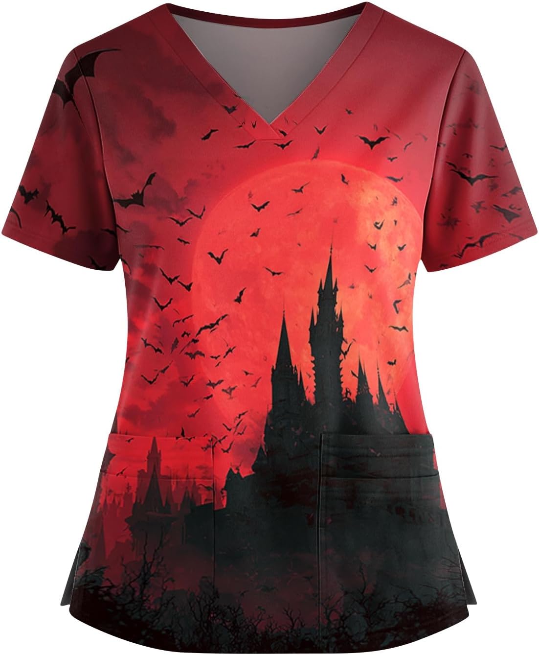 Women's Halloween Tops, Short Sleeve V-Neck Cute Holiday Shirts with Pockets, S-5XL