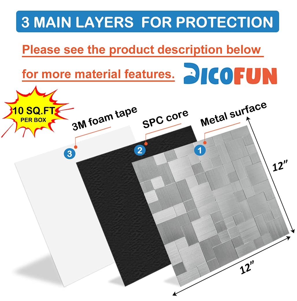 DICOFUN 10Sheet Peel and Stick Tile Backsplash, Stainless Steel