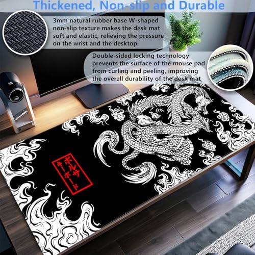 Black and White Mouse Pad Extra Large Gaming Mousepad XL Dragon Desk Mats Japanese Full Desk Keyboard Mat Computer Pad Desk Matt