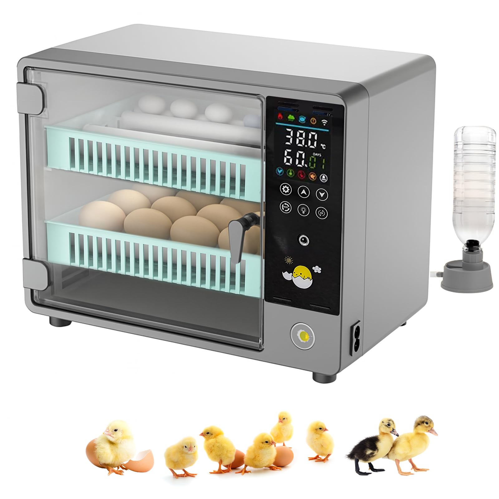 Brutautomat Vollautomatisch,Inkubator für 24 Eier,mit Automatischer Eierwende und Feuchtigkeitsüberwachung,Temperaturregelung,5 Brutmodi geeignet für Hühner-,Enten-,Gänse-,Wachteleier(grau)