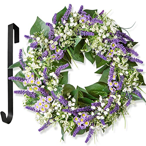 Lifefair Summer Flower Wreath, 22Inch Artificial Lavender Greenery Wreath For Front Door Wall Home Farmhouse, Valentine Wreath Celebration Decor With Wreath Hanger #TOP24