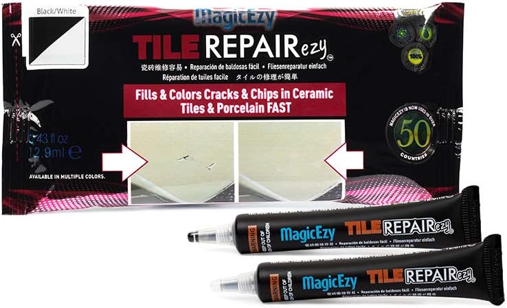 MagicEzy Tile RepairEzy Kit (Black/White) - Ceramic Repair Filler for Cracks and Chips - Gray Porcelain, Acrylic, Stone, PVC, Fibreglass, Wood, Dry Wall