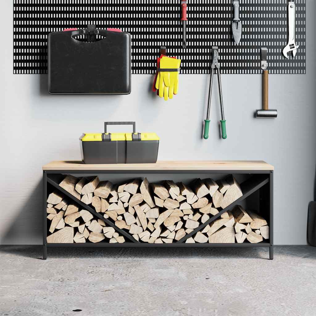 Brennholzregal mit Holzplatte Schwarz, Kaminholzregal aus kaltgewalztem Stahl und Kiefernholz, 100,5 x 35,5 x 40 cm, 100 kg Traglast, für Innenbereich, Wohnzimmer, Kamin und Ofen
