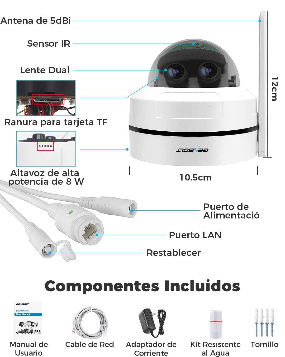 GENBOLT [Zoom Híbrido 10X] 2.5K PTZ Cámara Vigilancia WiFi Interiores y Exterior,360° Doble Lente Domicilio Cámara IP CCTV con Automático Detección, IK10 Antivandalismo IP66 Impermeable (DC&PoE)