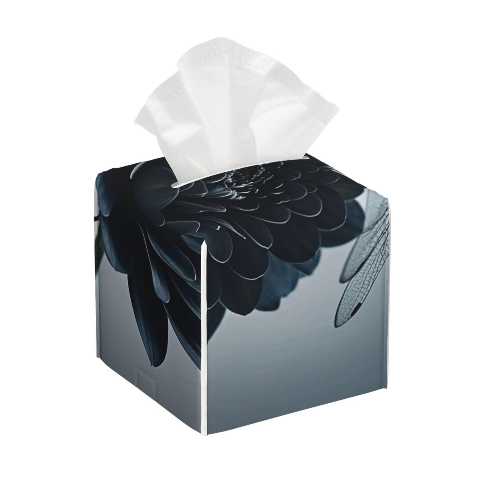 Pu Leather Cube Tissue Box Holders Modern Waterproof Square Tissue Box Cover Black Flowers and Dragonfly Facial Paper Holder for Bathroom Kitchen Nightstand Office Home Decor