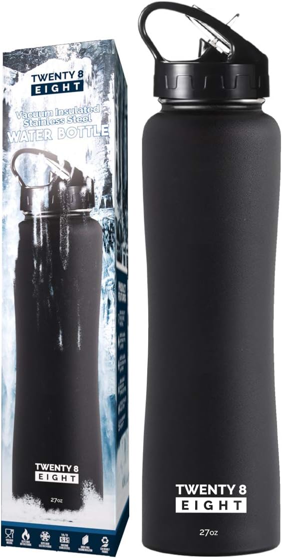 Vacuum Insulated Water Bottle - Stainless Steel Flask With BPA Free Straw Lid - Wide Mouth Thermos Keeps Drinks Cold For 24hrs And Hot For 12hrs (Matte Black - 27oz)