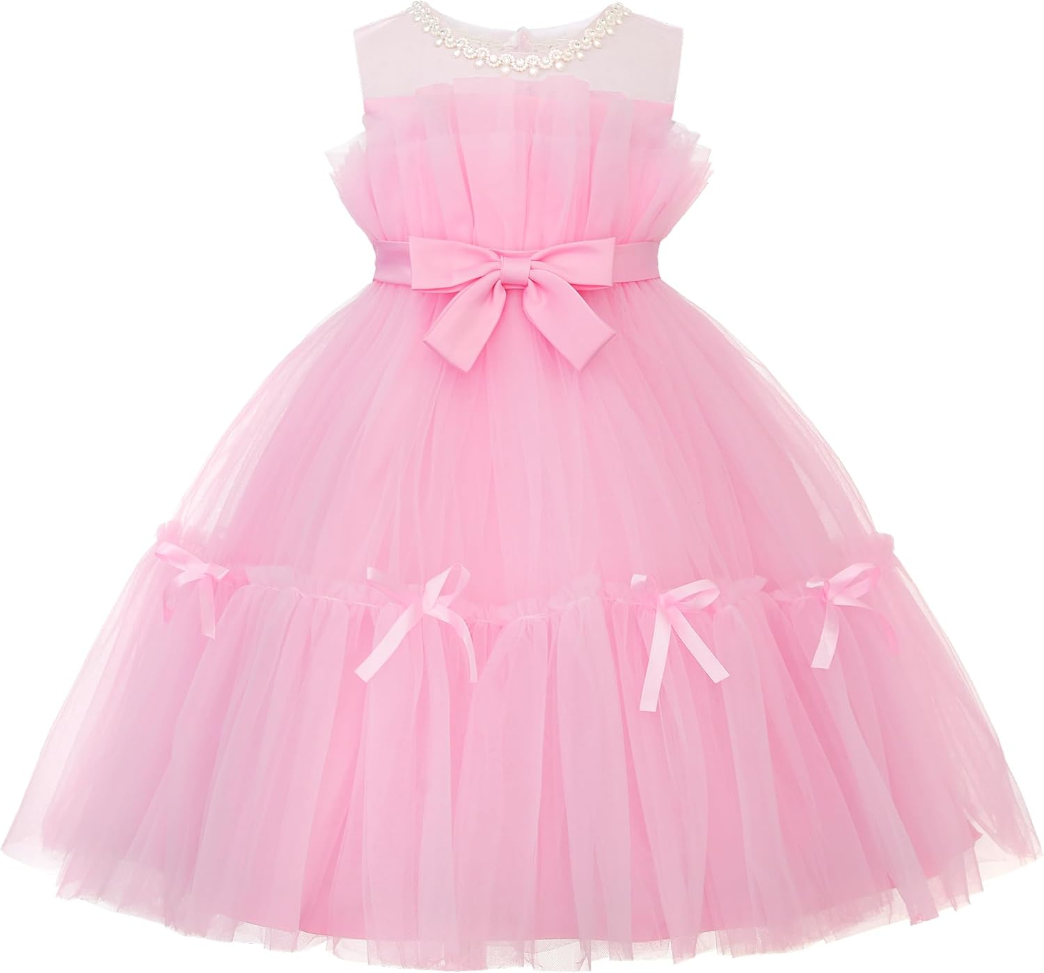 Uhnice Flower Girl Bow Dress Sleeveless Tulle Gown with Pearl Beading for Wedding Birthday Party