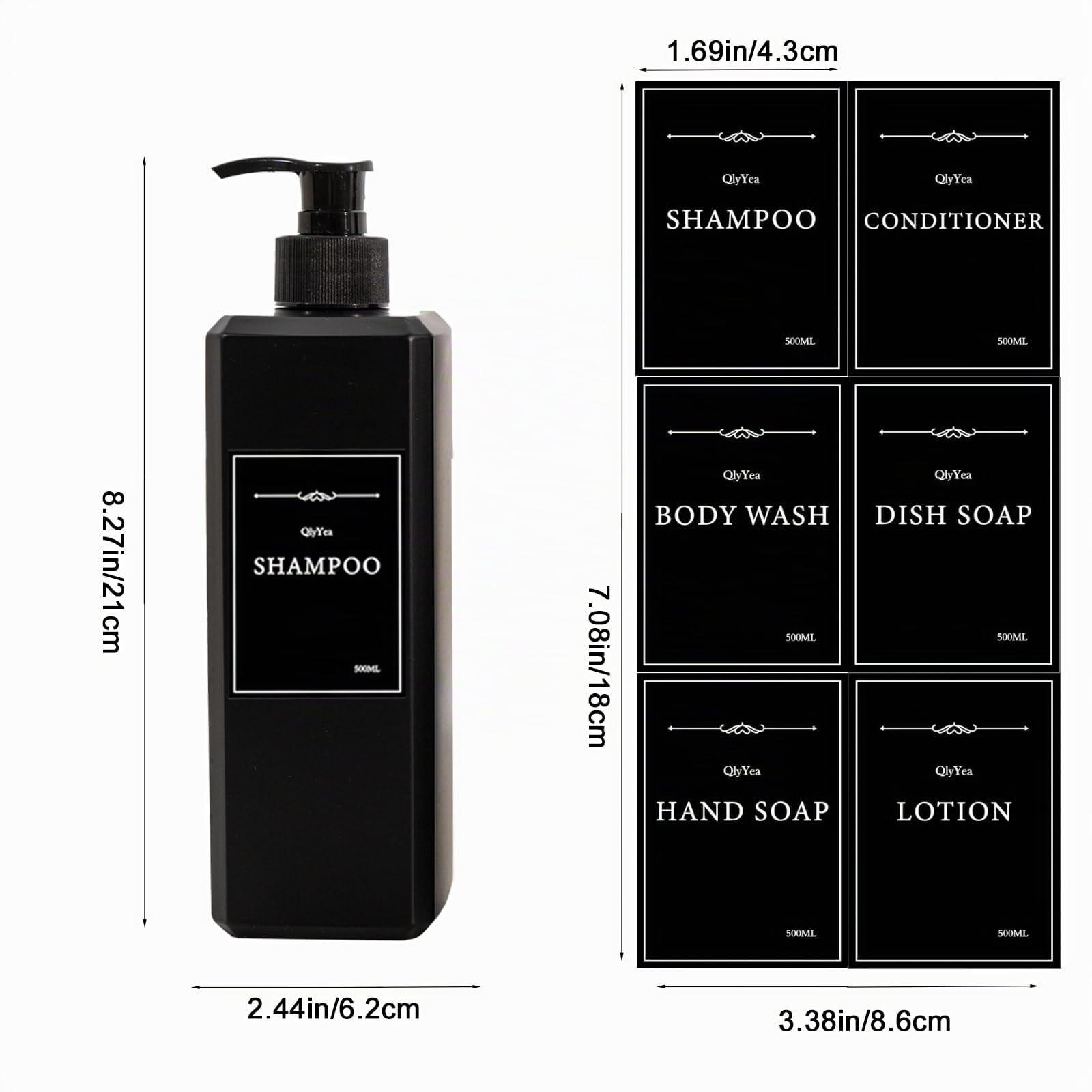 Distributeur Shampoing et Gel Douche, 8 Pièces Flacon Pompe Vide 500ml, Distributeurs Savon Noir en Plastique avec Étiquettes, pour Cuisine et Salle de Bain, Noir Mat