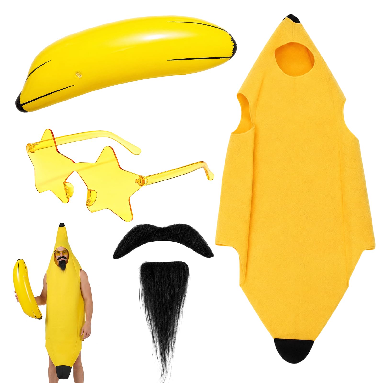 BATSEREN 4-Piece Banana Suit Set for Adults, Fruit Costume Outfit with 60cm Inflatable Balloon, Star Sunglasses and Fake Mustache for Fancy Dress Parties