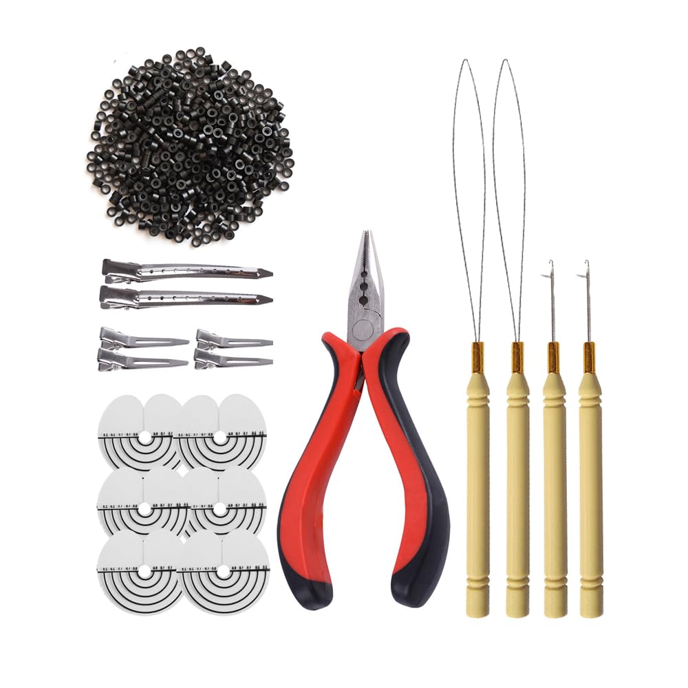 500 Pcs Silicone Micro Rings Hair Extensions Tools Kit: Three-hole Hair Pliers, Pulling Hook Needle, Loop Threader and Silicone Micro Links Rings Beads (Black)