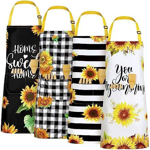 Geetery 4 Pcs Sunflowers Aprons for Women with Pockets Flower Western Grid Chicken Waterproof Aprons for Kitchen Cooking(White,Classic)