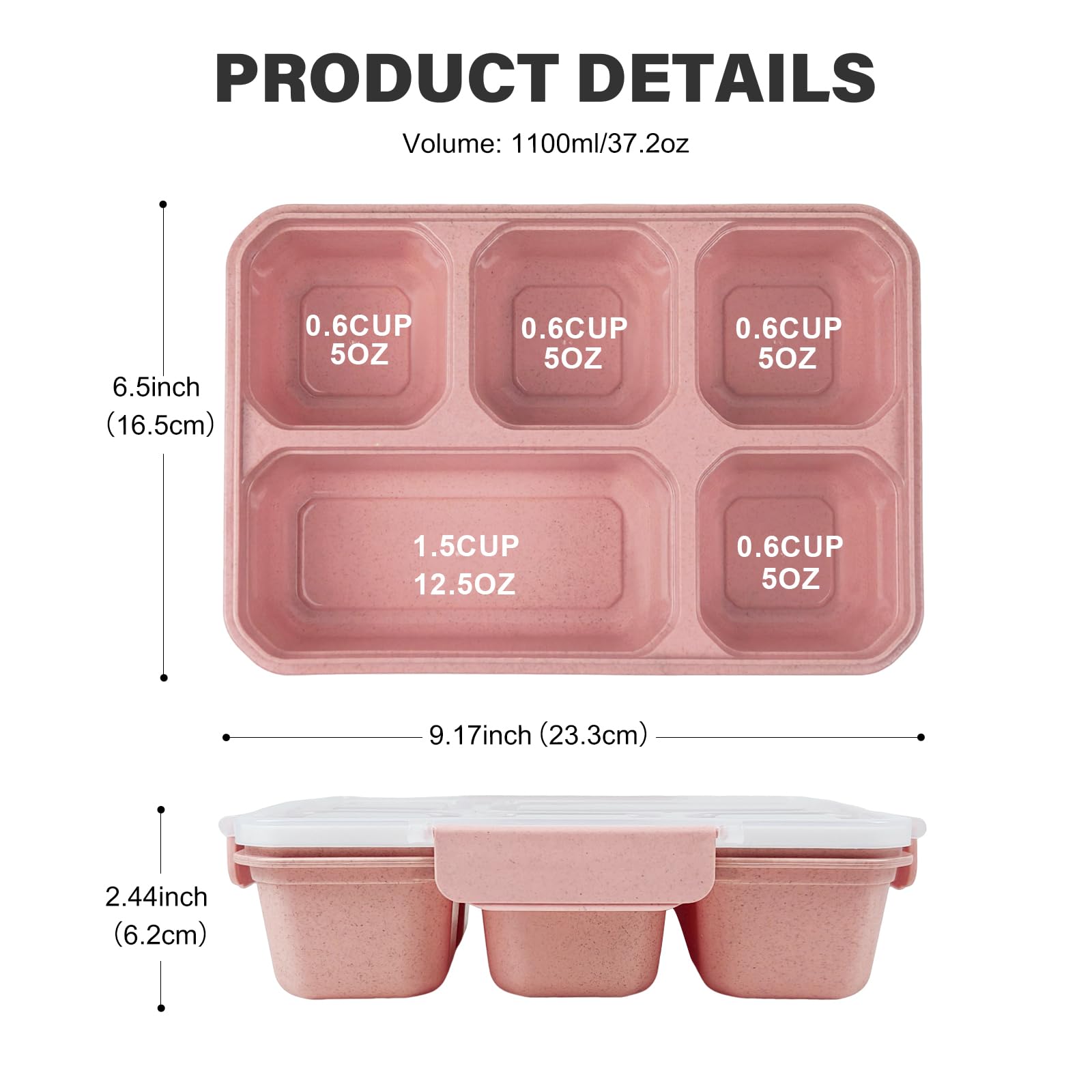 greenandlife 4 Pack Bento Lunch Box Set for Kids Adults, 5 Compartment Reusable Wheat Straw Meal Prep Food Storage Snack Containers, Microwave and Dishwasher Safe, INS