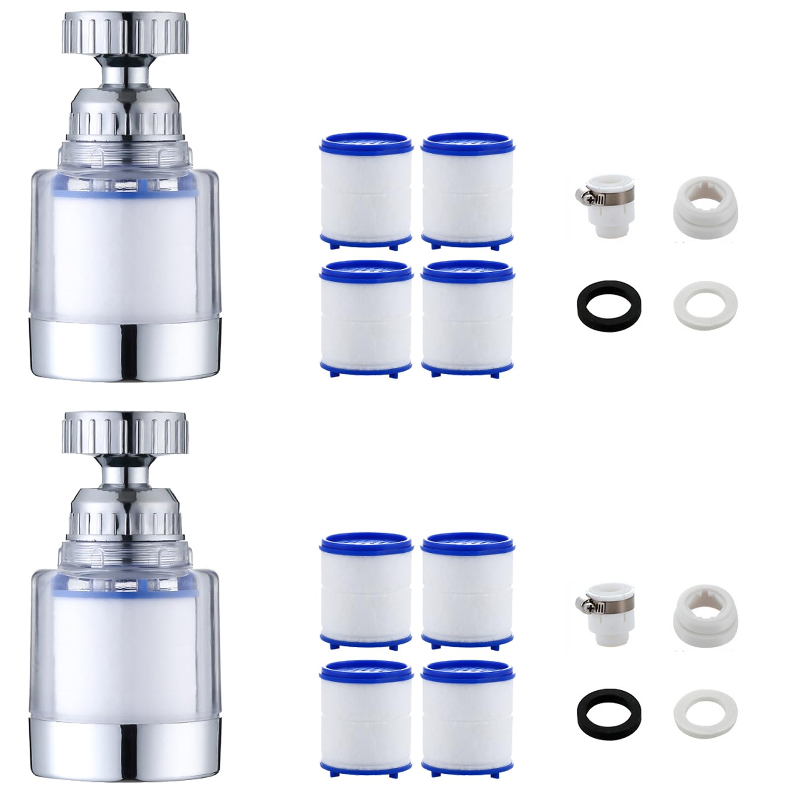 VZU Pack of 2 Tap Filters, 360° Water Filter Tap with 8 Filter Elements and Universal Adapter, Water Filter Drinking Water