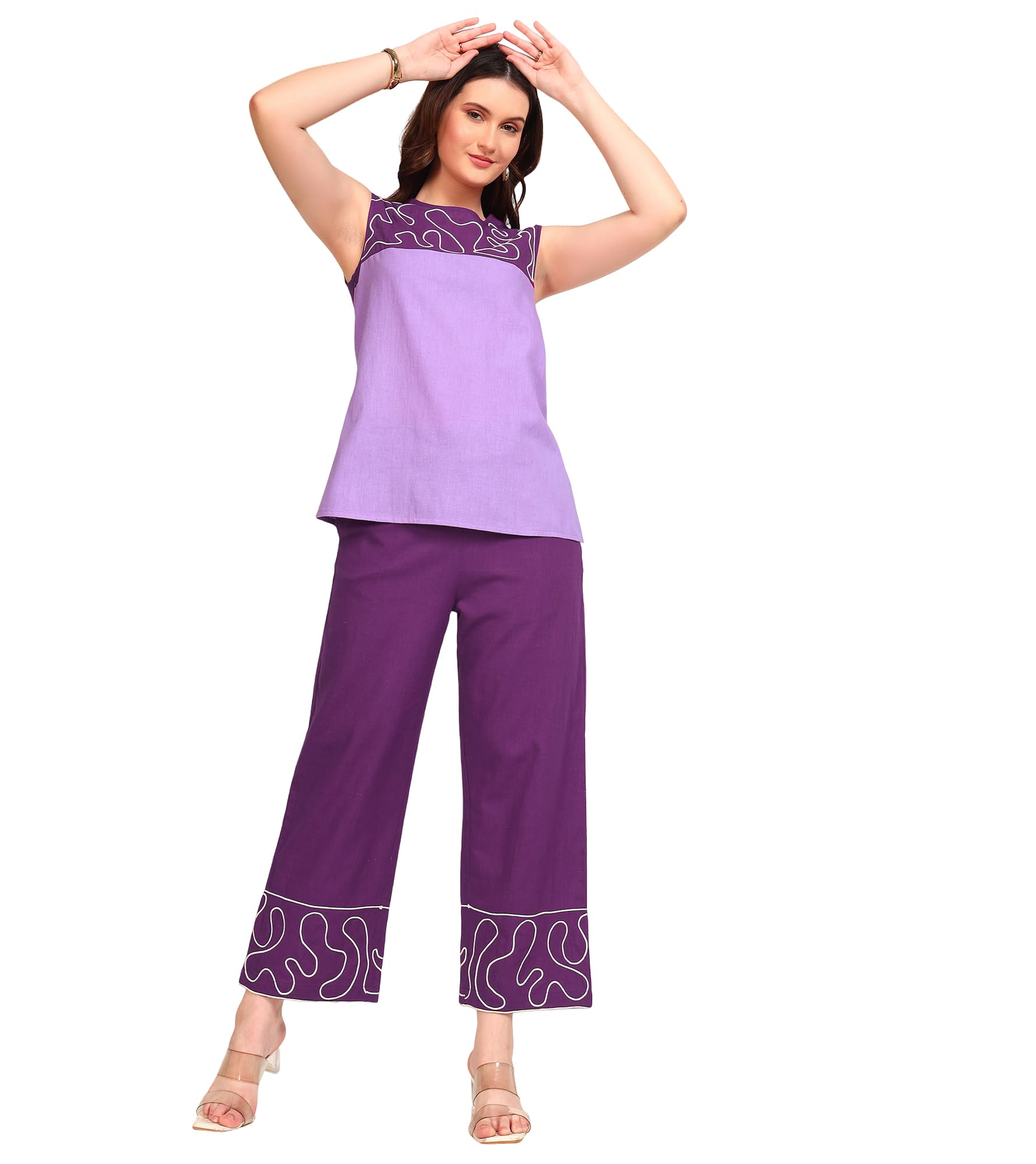 deebaco Women's Solid Ankle Length Top with Trouser|Round Neck|Sleeveless|Cord Set for Women Cotton|Long Jumpsuits Western Dress for Women Stylish|Two Piece Co ord Set|Party Casual Wear(Lavender)-picture-34