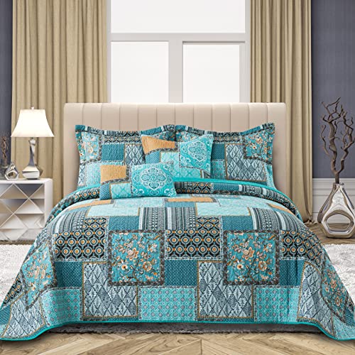 VAPUTAR Cotton Quilt Queen Size Bedding Set - 3 Pieces Queen Quilt Bedding Set, Boho Queen Size Quilts, Lightweight Reversible Coverlets Bedspreads for Farmhouse Bedroom (Teal/Green Chic)