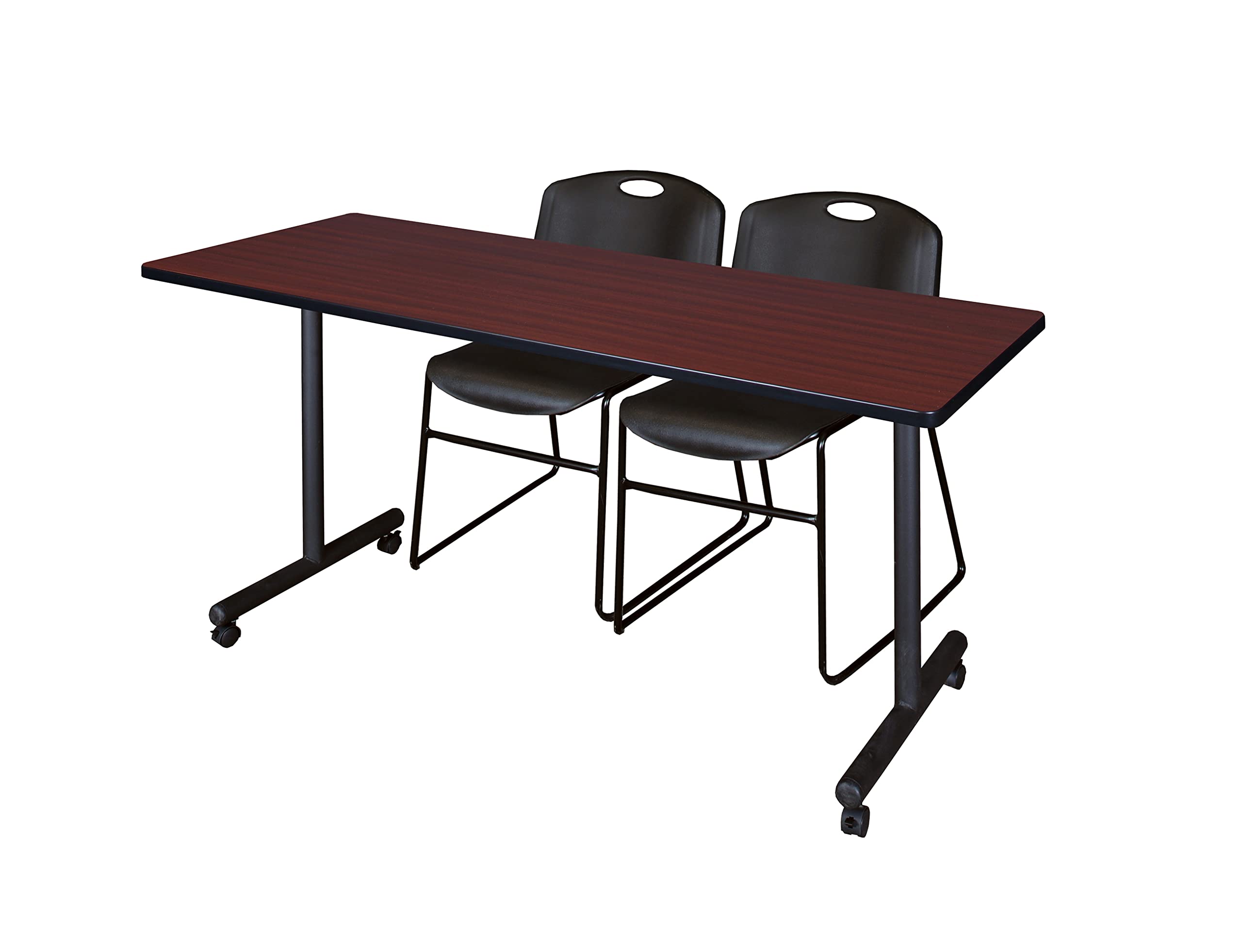 Regency Kobe 66 x 24 in. Mobile T-Base Training Table- Mahogany, 2 Zeng Stack Chairs- Black