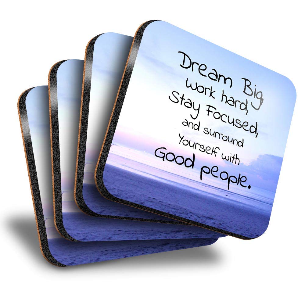 Destination Vinyl Ltd Multicolor Great Coasters (Set Of 4) Square - Inspirational Quote Dream Big Positive Drink Glossy Coasters/Tabletop Protection For Any Table Type #45405