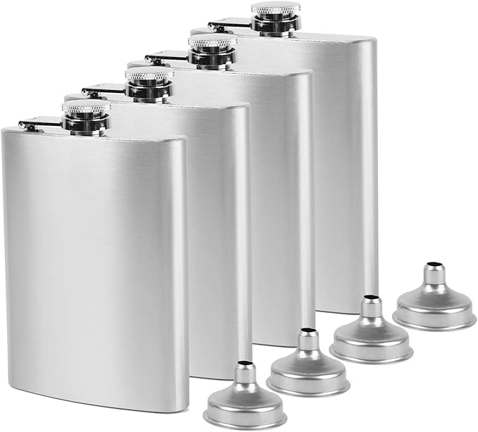 Tebery 4 Stück 8oz Flachmann Set aus Edelstahl mit kleinen Trichtern, 240ml Hüftflasche mit Trichter, Edelstahl Whiskeyflasche, auslaufsicher, tragb