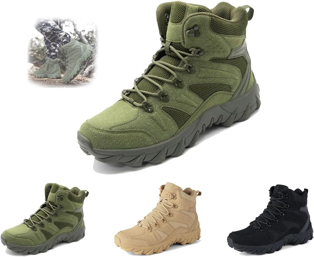 Men's Military Tactical Work Boot Mid Top Lace Up Waterproof Ankle Hiking Backpacking Boots Hiking Breathable Non-Slip Casual Sneakers for Trailing Trekking Outdoor Leather Walking Shoes