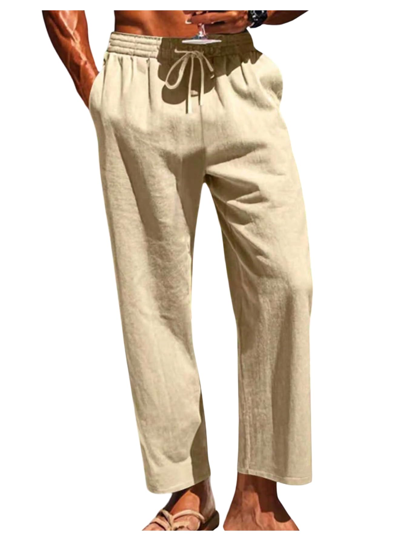 GORGLITTER Mens Linen Dress Pants Casual Drawstring Elastic Waist Beach Yoga Long Trouser Pants