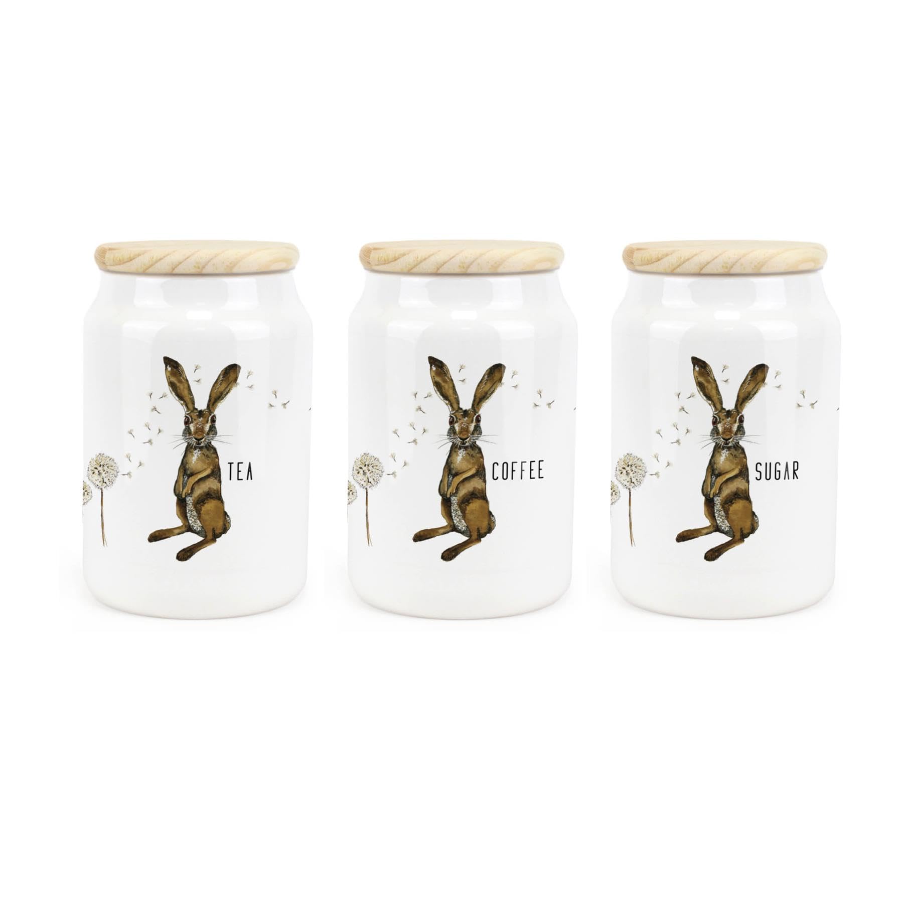 Ceramic Tapered Hares & Dandelions Canisters - Tea, Coffee & Sugar Storage Pots