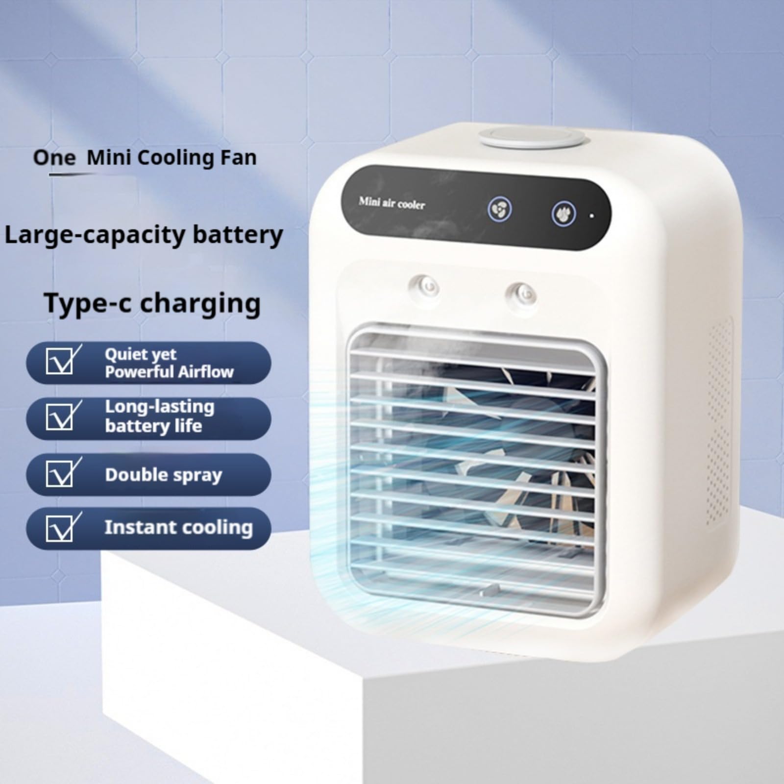 Climatizzatore portatile, USB, refrigeratore d'aria, umidificatore portatile silenzioso, 2 velocità di ventilazione, 2 modalità di nebulizzazione, adatto per casa, ufficio