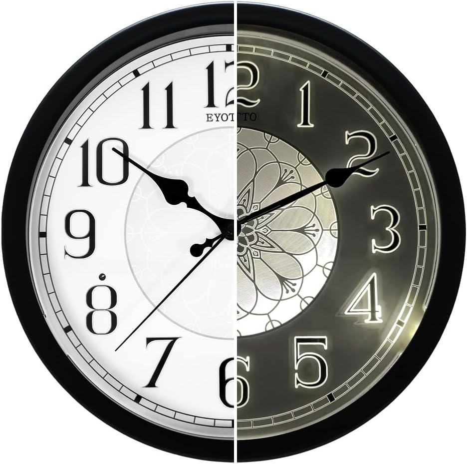 eYotto Night Light Wall Clock for Bedroom, Illuminated Wall Clocks Battery Operated Glow in The Dark Lighted Clock for Home, Living Room, Kitchen, Office, Easy to Read Large Display, 12Inch