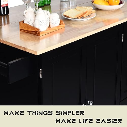 Miniatura 3 de GLACER Carrito de isla de cocina con ruedas, isla de cocina rodante con hoja caída, carrito de cocina con cajones, toallero y estante para botellas,