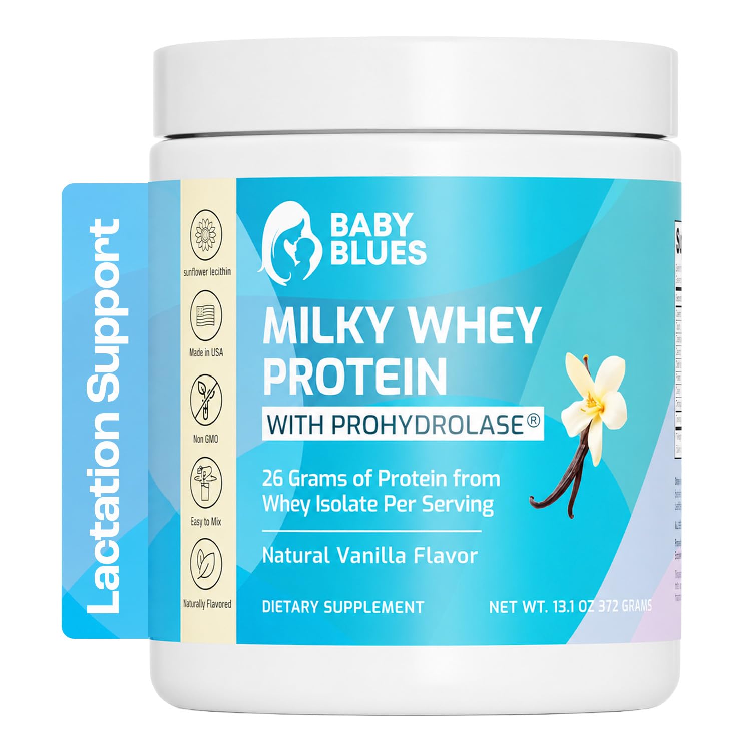 Baby Blues Milky Whey Lactation Protein Powder for Breastfeeding and Nursing Moms, 26g Whey Isolate, Pregnancy and Postpartum Protein for Women, Fenugreek Free with Sunflower Lecithin, Vanilla