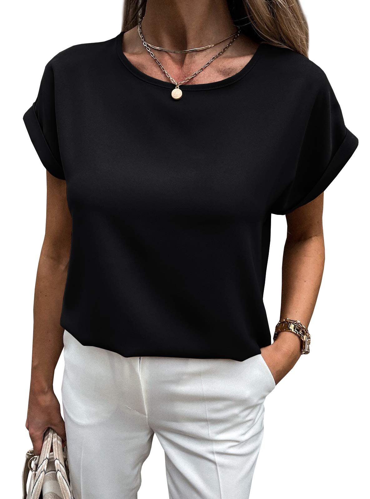 LynwitkuiWomens Summer Short Sleeve Chiffon Blouses Keyhole Back Busines Casual Work ShirtsTops Tops 2025