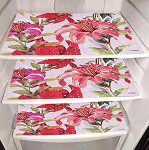 Kuber Industries Flower Design 3 Pieces PVC Refrigerator/Fridge Multipurpose Drawer Mat Set(Pink)-CTKTC032684