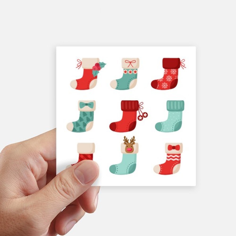 Autocollant Joyeux Noël Chaussette Multicolore 10cm Décoration de Fête Carrée pour Ordinateur 8Pcs
