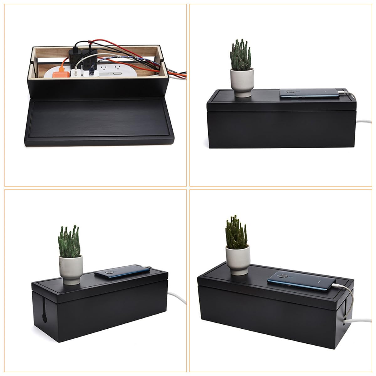 Negra Caja Organizadora de Cables Tapa Abierta de Madera Grande