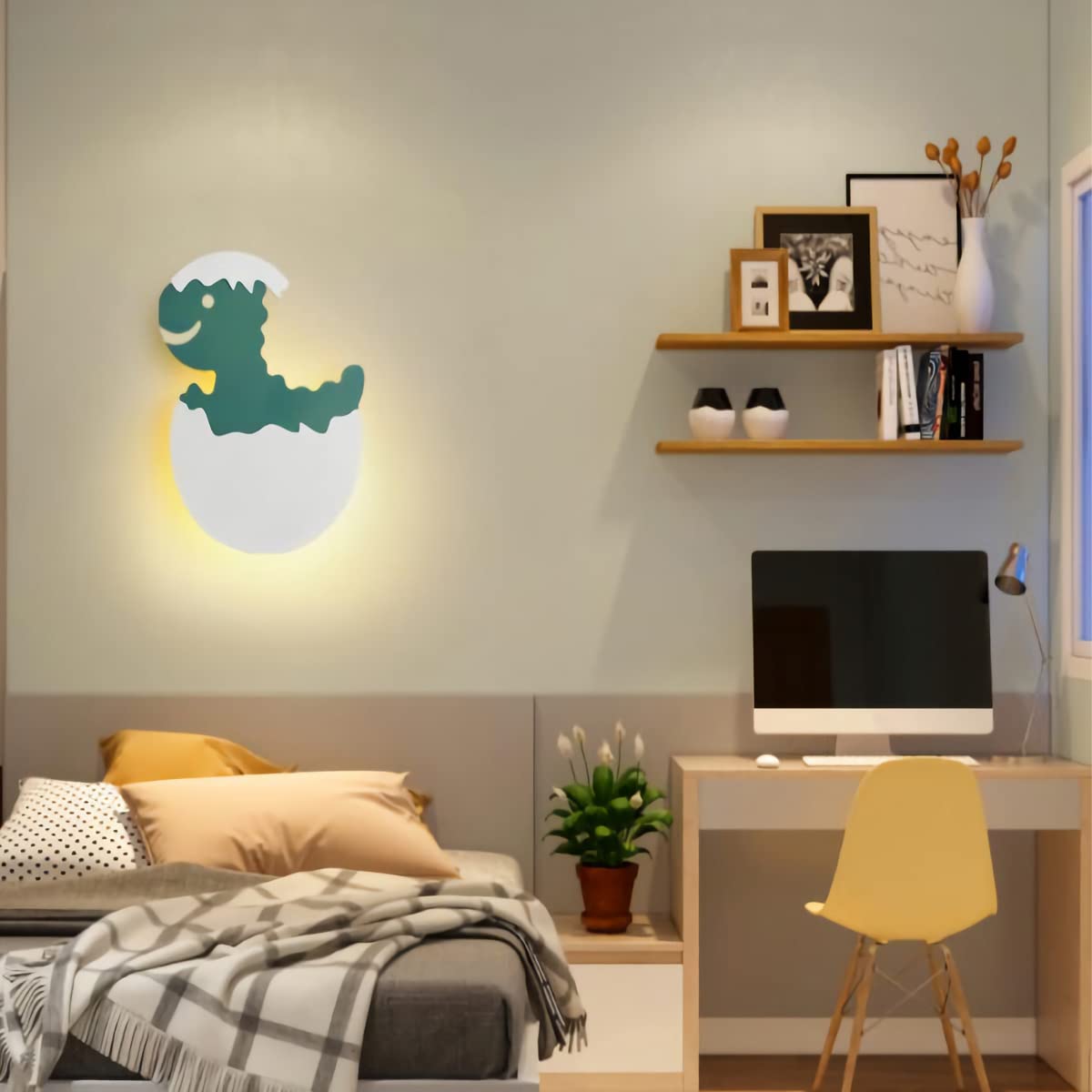 Lámpara De Pared LED De 7W Para Niños, Lámpara De Pared De Dinosaurio Verde Regulable, Luz De Dormitorio Para Niños Y Niñas, Lámpara De Noche Moderna Para Niños, Lámpara De Habitación 3000K-6000K