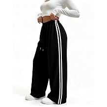 Womens Striped Wide Leg Track Pant, Casual Athletic Sweatpants with Adjustable Drawstring Waist for Workout & Daily