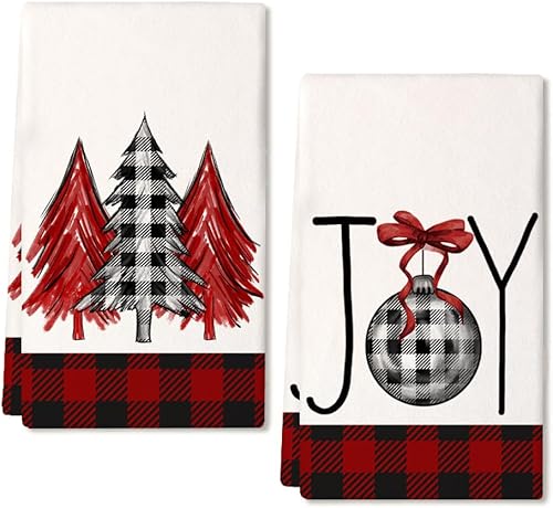 ARKENY AD134 - Juego de 2 paños de cocina de Navidad, diseño de búfalo rojo, árbol de Navidad, 18 x 26 pulgadas, decoración del hogar de granja