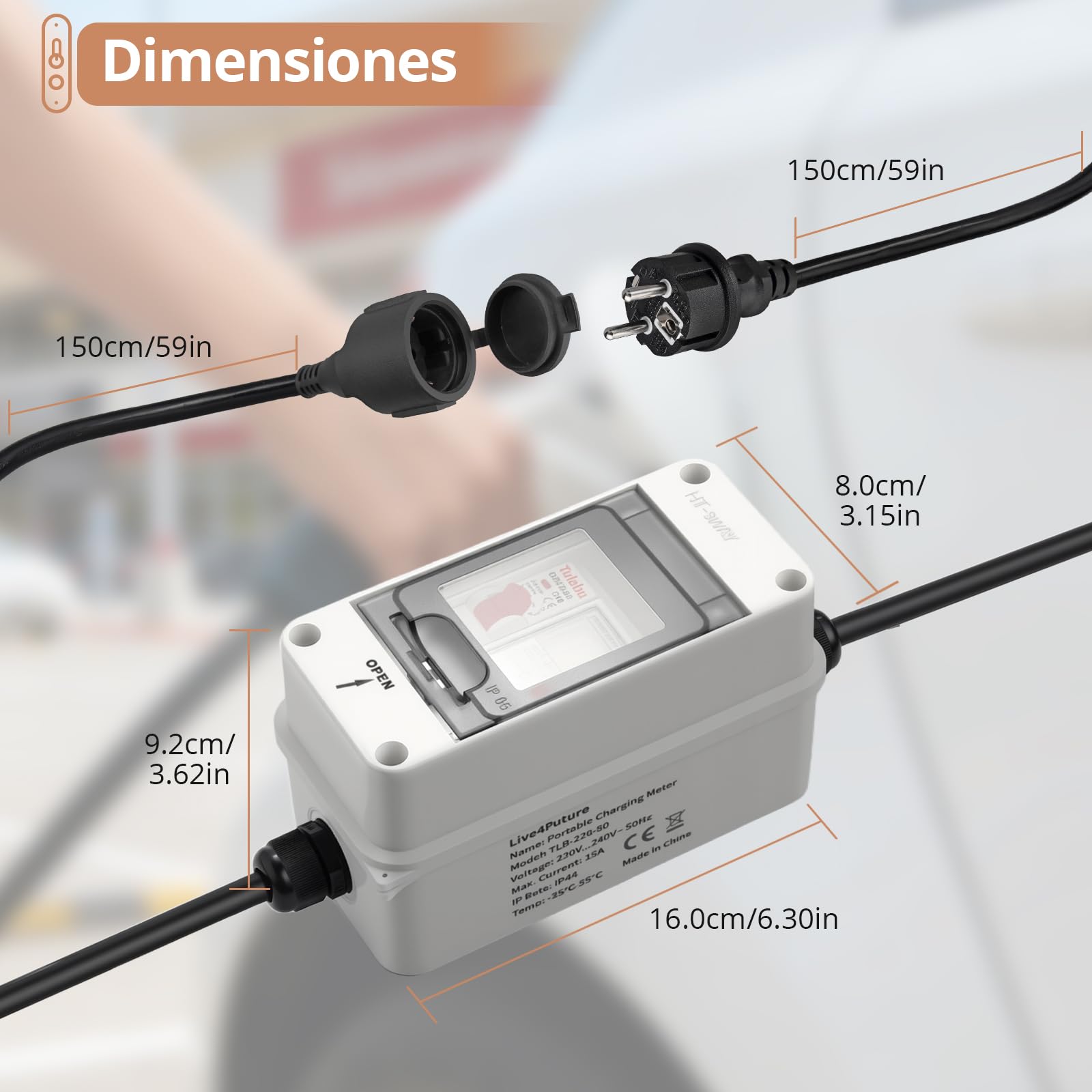 KAMTOP Medidor Consumo Eléctrico Monofásico 230V 80A Contador Energía Digital con Disyuntor LS Monitor Electricidad Portátil IP65 Medidor Energético Cable H07RN-F 3m VDE para Hogar RV Camping Caravana